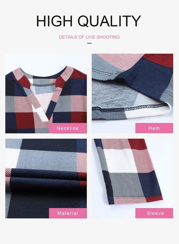 image:imageDokotoo Womens Tops Plaid Cotton Cuffed 34 Sleeve Shirts BlousesBrown 2
