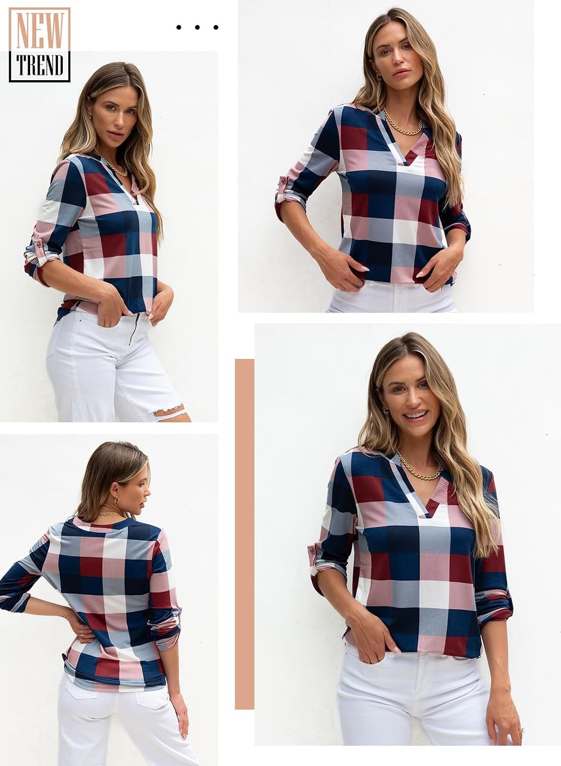 image:imageDokotoo Womens Tops Plaid Cotton Cuffed 34 Sleeve Shirts BlousesBrown 2