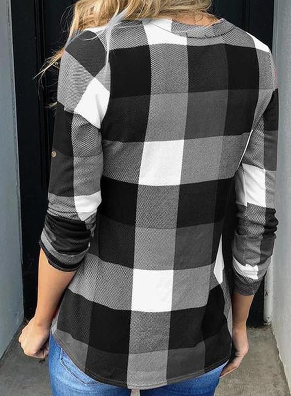 image:imageDokotoo Womens Tops Plaid Cotton Cuffed 34 Sleeve Shirts BlousesGray