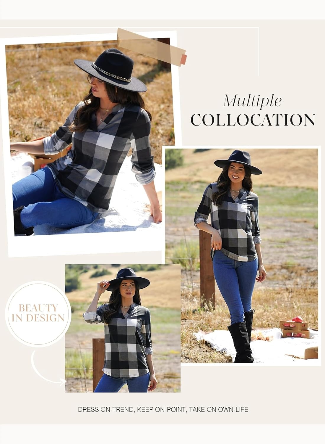 image:imageDokotoo Womens Tops Plaid Cotton Cuffed 34 Sleeve Shirts BlousesGray