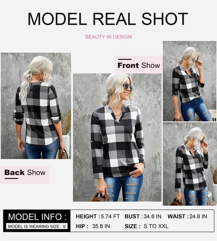 image:imageDokotoo Womens Tops Plaid Cotton Cuffed 34 Sleeve Shirts BlousesGray