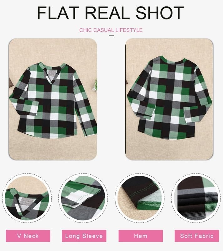 image:imageDokotoo Womens Tops Plaid Cotton Cuffed 34 Sleeve Shirts BlousesGreen