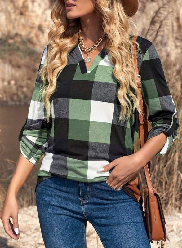 image:imageDokotoo Womens Tops Plaid Cotton Cuffed 34 Sleeve Shirts BlousesGreen 2