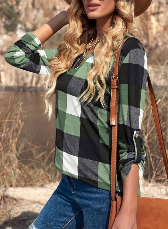 image:imageDokotoo Womens Tops Plaid Cotton Cuffed 34 Sleeve Shirts BlousesGreen 2