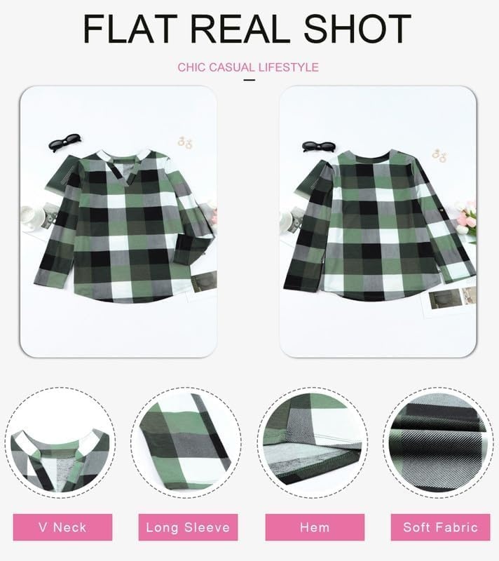 image:imageDokotoo Womens Tops Plaid Cotton Cuffed 34 Sleeve Shirts BlousesGreen 2