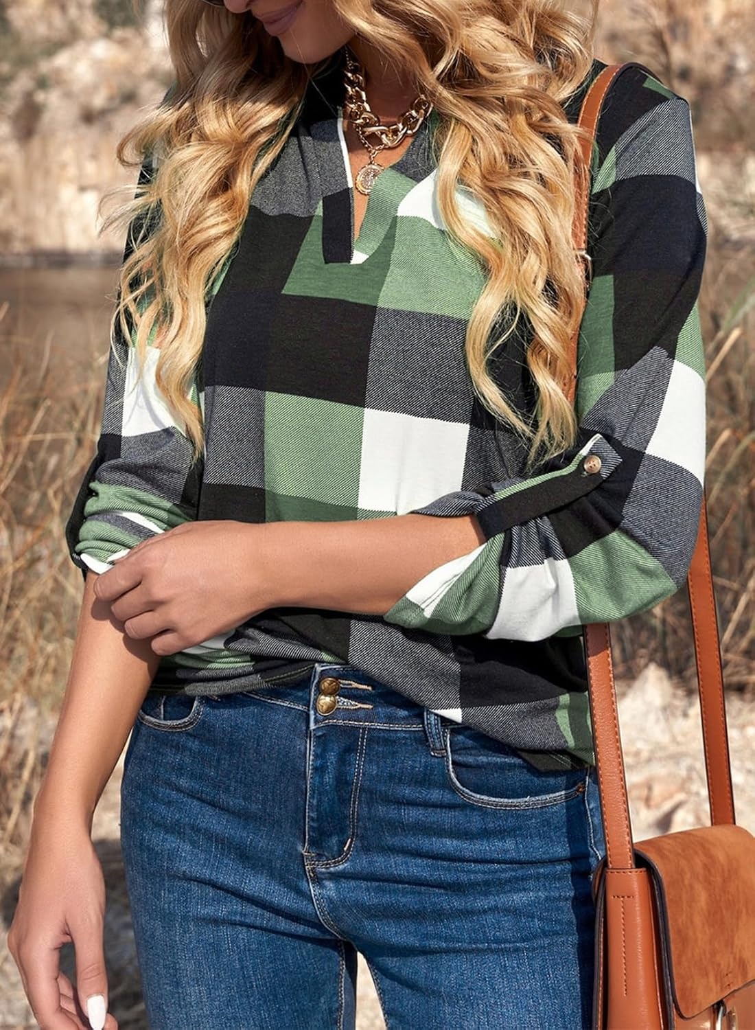 image:imageDokotoo Womens Tops Plaid Cotton Cuffed 34 Sleeve Shirts BlousesGreen 2