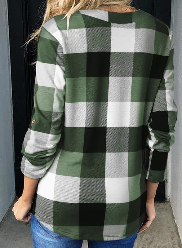 image:imageDokotoo Womens Tops Plaid Cotton Cuffed 34 Sleeve Shirts BlousesGreen 2