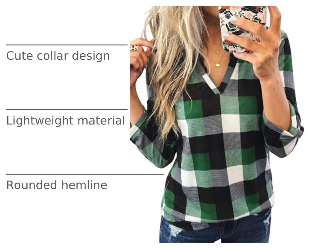 image:imageDokotoo Womens Tops Plaid Cotton Cuffed 34 Sleeve Shirts BlousesGreen