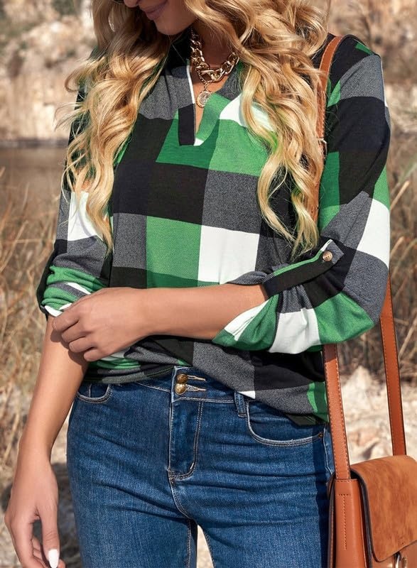 image:imageDokotoo Womens Tops Plaid Cotton Cuffed 34 Sleeve Shirts BlousesGreen