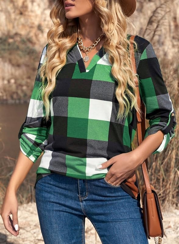 image:imageDokotoo Womens Tops Plaid Cotton Cuffed 34 Sleeve Shirts BlousesGreen