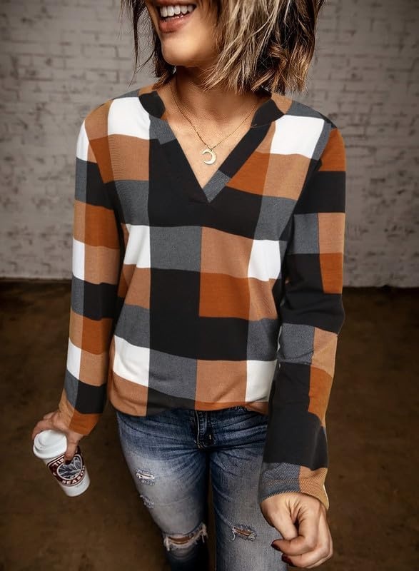 image:imageDokotoo Womens Tops Plaid Cotton Cuffed 34 Sleeve Shirts BlousesOrange