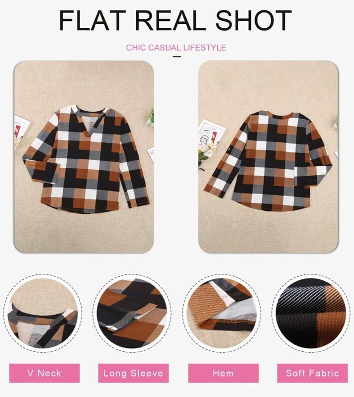 image:imageDokotoo Womens Tops Plaid Cotton Cuffed 34 Sleeve Shirts BlousesOrange