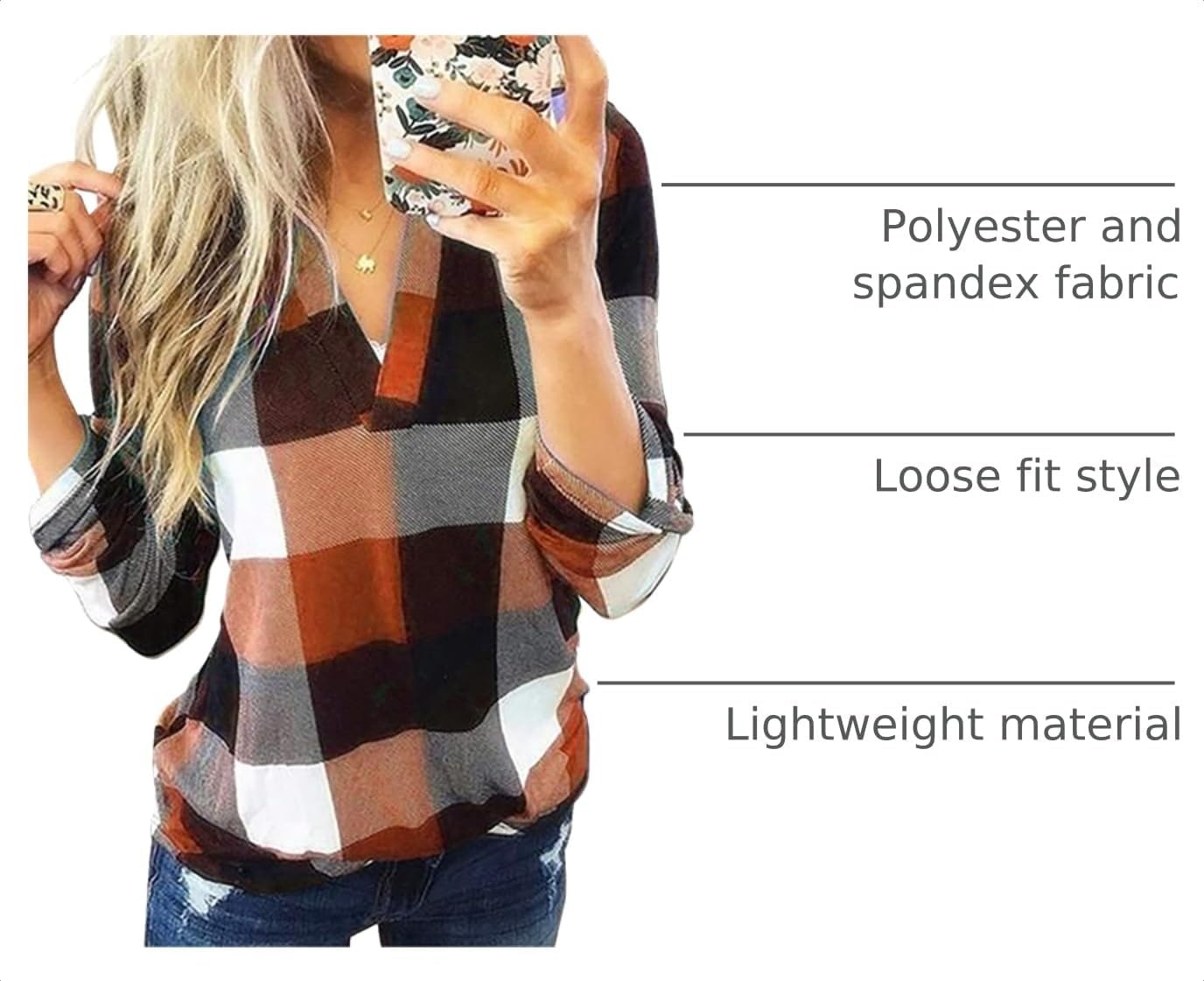 image:imageDokotoo Womens Tops Plaid Cotton Cuffed 34 Sleeve Shirts BlousesOrange
