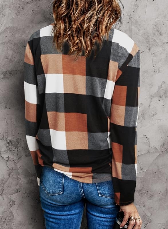 image:imageDokotoo Womens Tops Plaid Cotton Cuffed 34 Sleeve Shirts BlousesOrange
