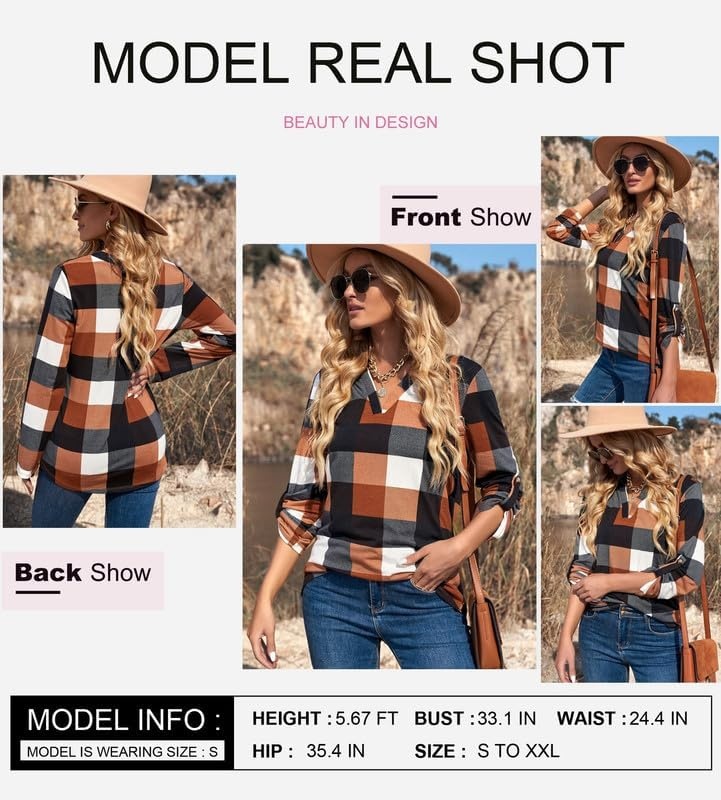 image:imageDokotoo Womens Tops Plaid Cotton Cuffed 34 Sleeve Shirts BlousesOrange