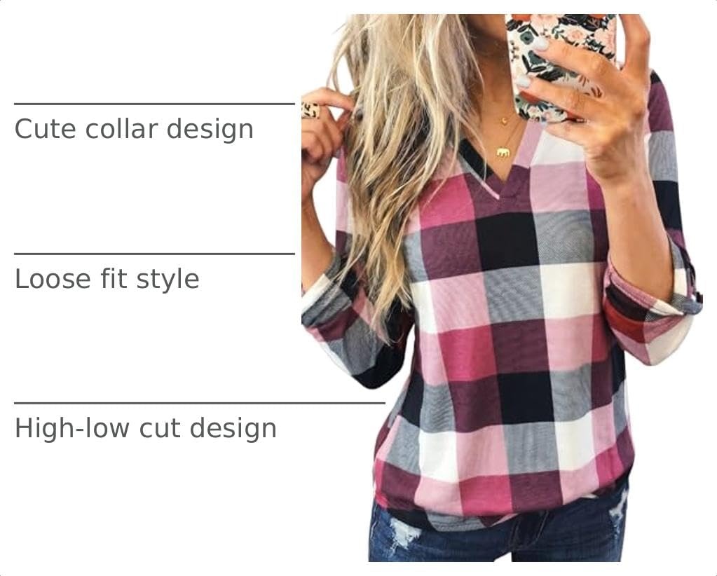 image:imageDokotoo Womens Tops Plaid Cotton Cuffed 34 Sleeve Shirts BlousesPink