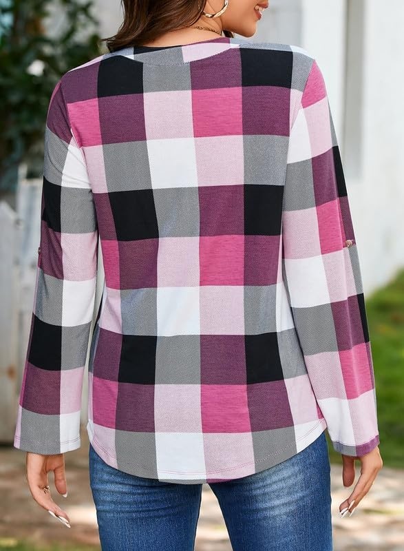 image:imageDokotoo Womens Tops Plaid Cotton Cuffed 34 Sleeve Shirts BlousesPink