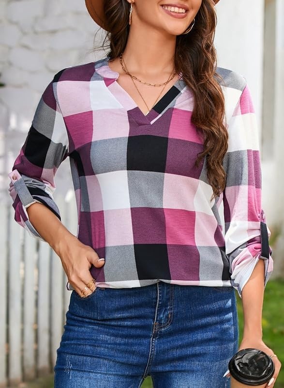 image:imageDokotoo Womens Tops Plaid Cotton Cuffed 34 Sleeve Shirts BlousesPink