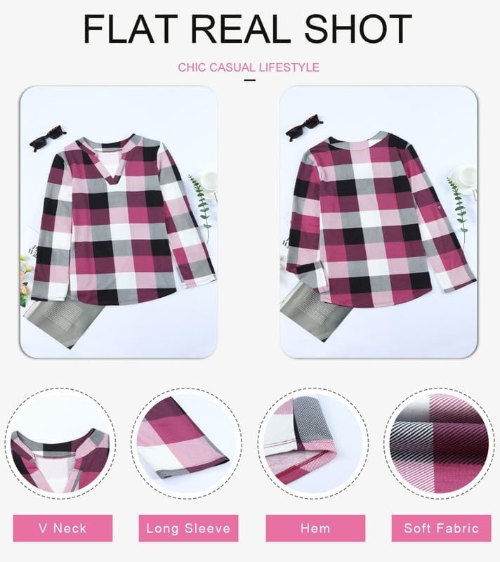 image:imageDokotoo Womens Tops Plaid Cotton Cuffed 34 Sleeve Shirts BlousesPink