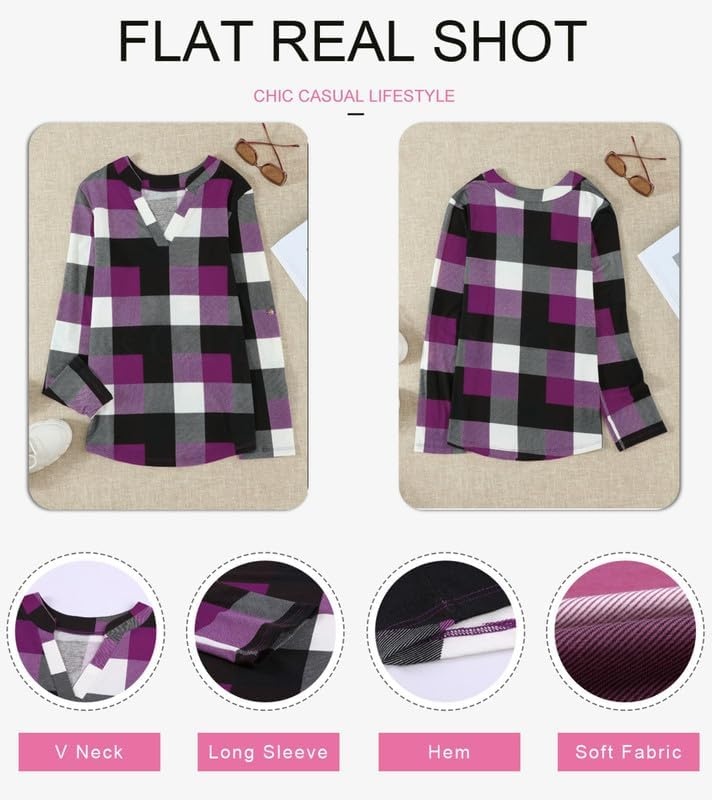 image:imageDokotoo Womens Tops Plaid Cotton Cuffed 34 Sleeve Shirts BlousesPurple