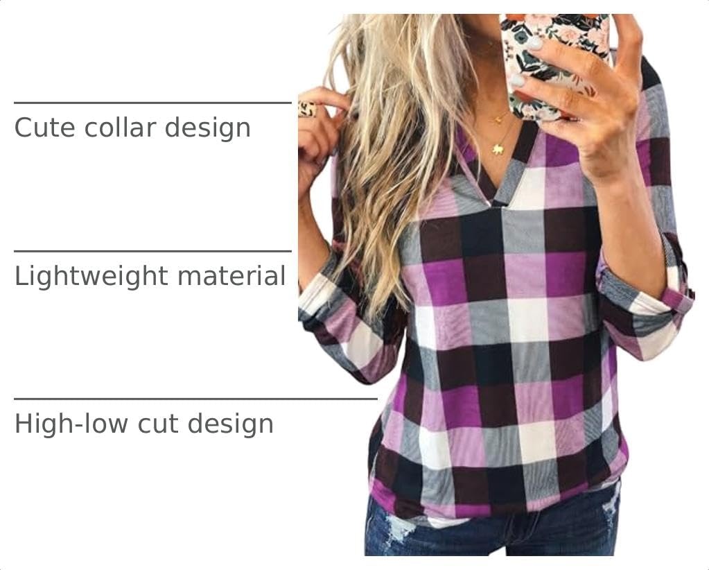 image:imageDokotoo Womens Tops Plaid Cotton Cuffed 34 Sleeve Shirts BlousesPurple
