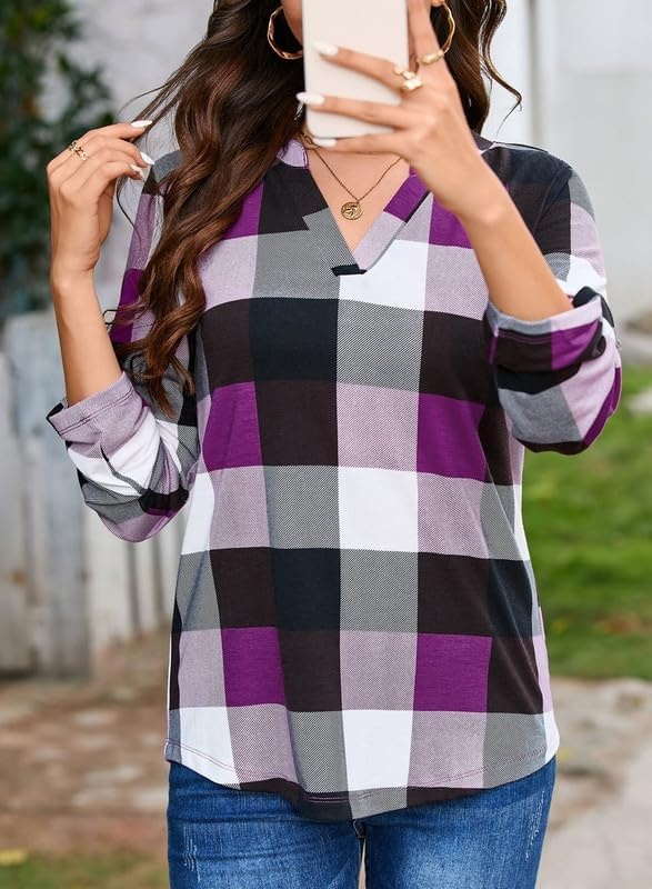image:imageDokotoo Womens Tops Plaid Cotton Cuffed 34 Sleeve Shirts BlousesPurple