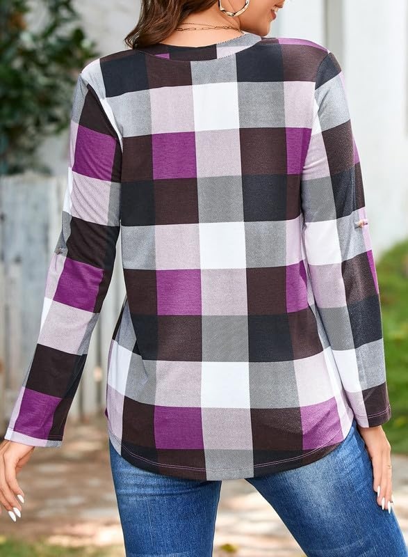 image:imageDokotoo Womens Tops Plaid Cotton Cuffed 34 Sleeve Shirts BlousesPurple