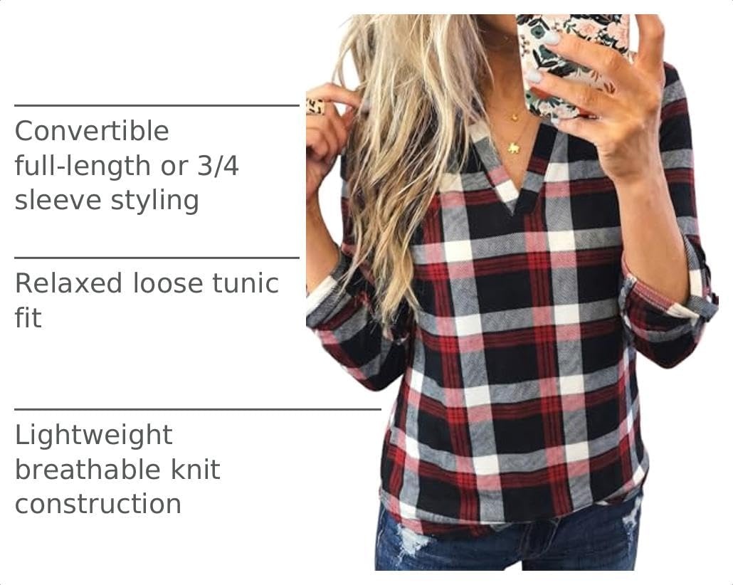 image:imageDokotoo Womens Tops Plaid Cotton Cuffed 34 Sleeve Shirts BlousesRed 3
