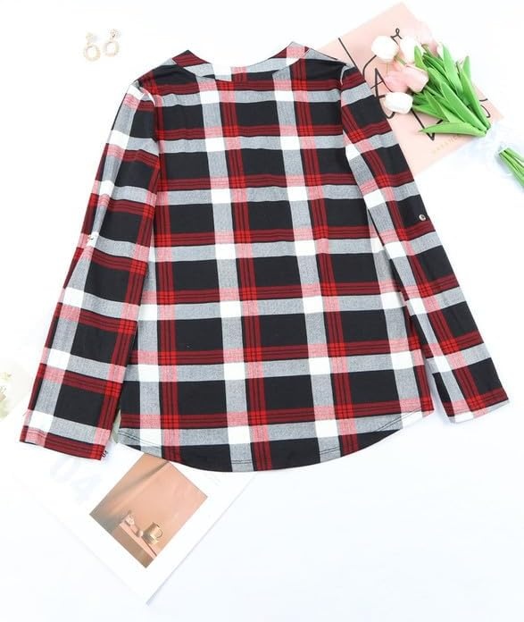 image:imageDokotoo Womens Tops Plaid Cotton Cuffed 34 Sleeve Shirts BlousesRed 3