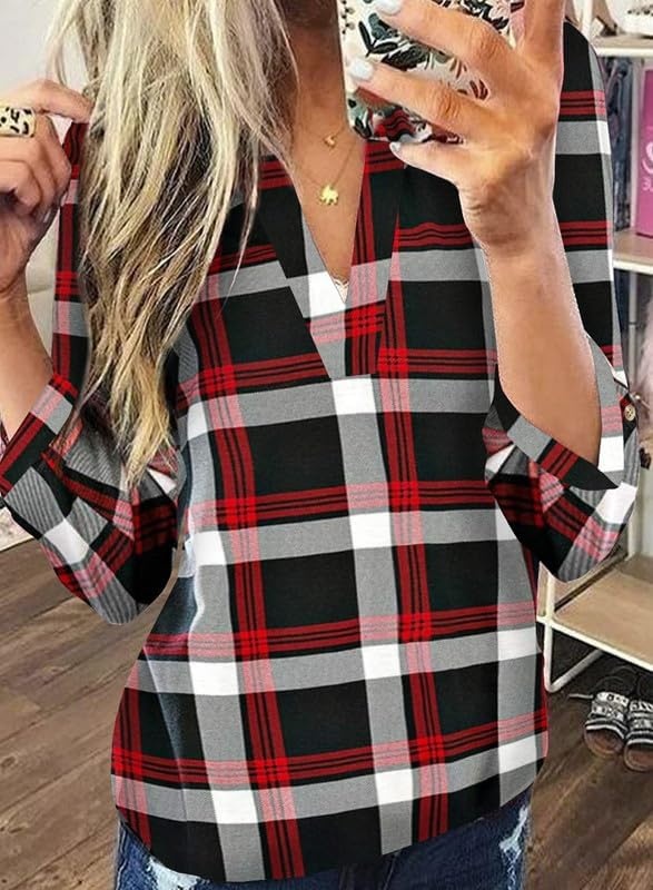 image:imageDokotoo Womens Tops Plaid Cotton Cuffed 34 Sleeve Shirts BlousesRed 3