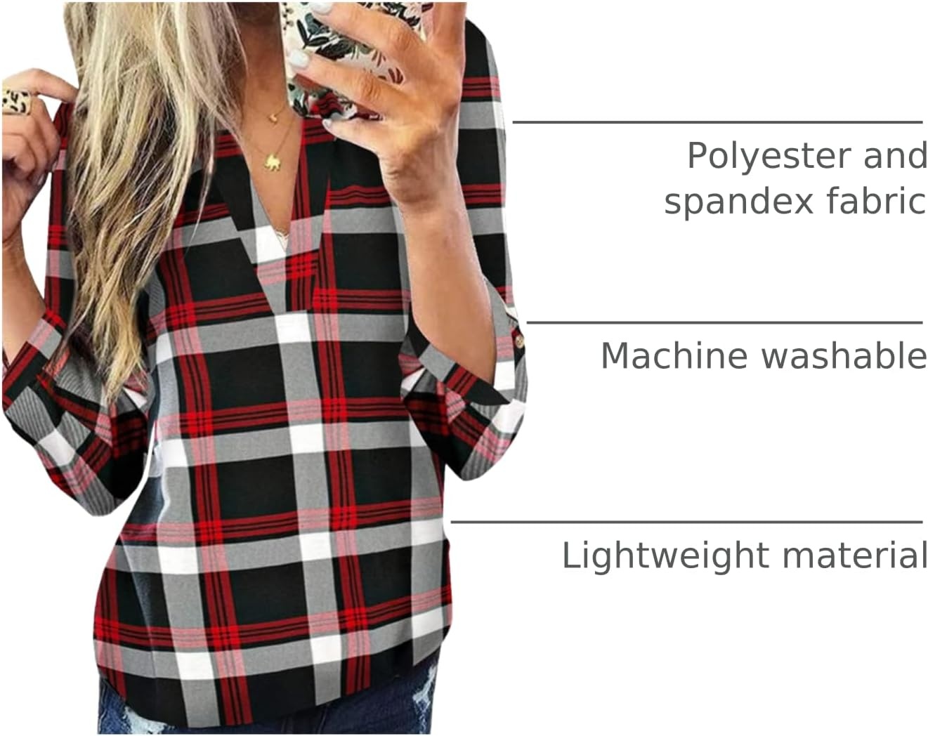 image:imageDokotoo Womens Tops Plaid Cotton Cuffed 34 Sleeve Shirts BlousesRed 3