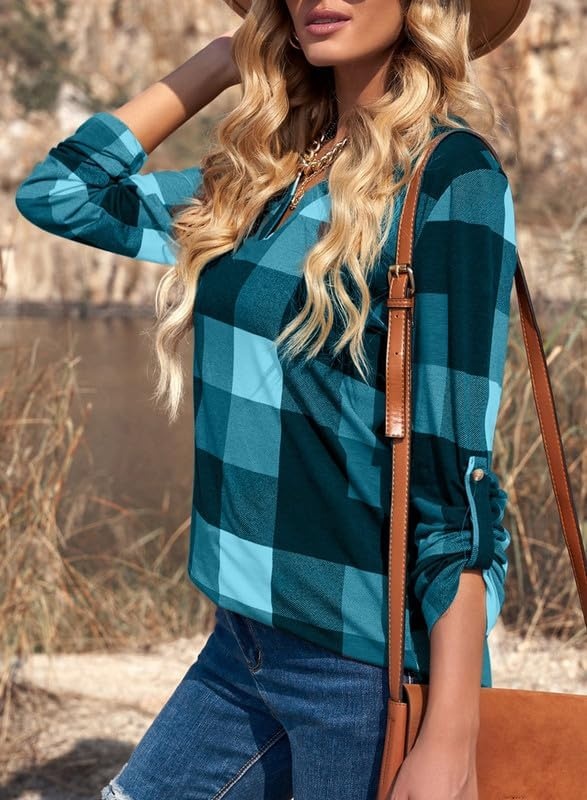 image:imageDokotoo Womens Tops Plaid Cotton Cuffed 34 Sleeve Shirts BlousesSky Blue 2
