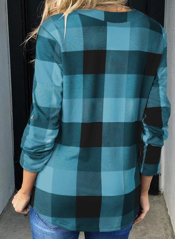 image:imageDokotoo Womens Tops Plaid Cotton Cuffed 34 Sleeve Shirts BlousesSky Blue 2