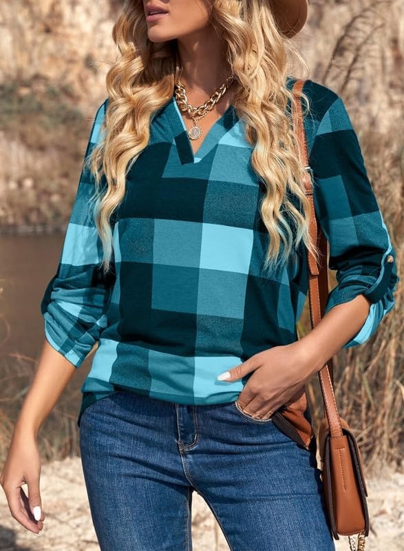 image:imageDokotoo Womens Tops Plaid Cotton Cuffed 34 Sleeve Shirts BlousesSky Blue 2