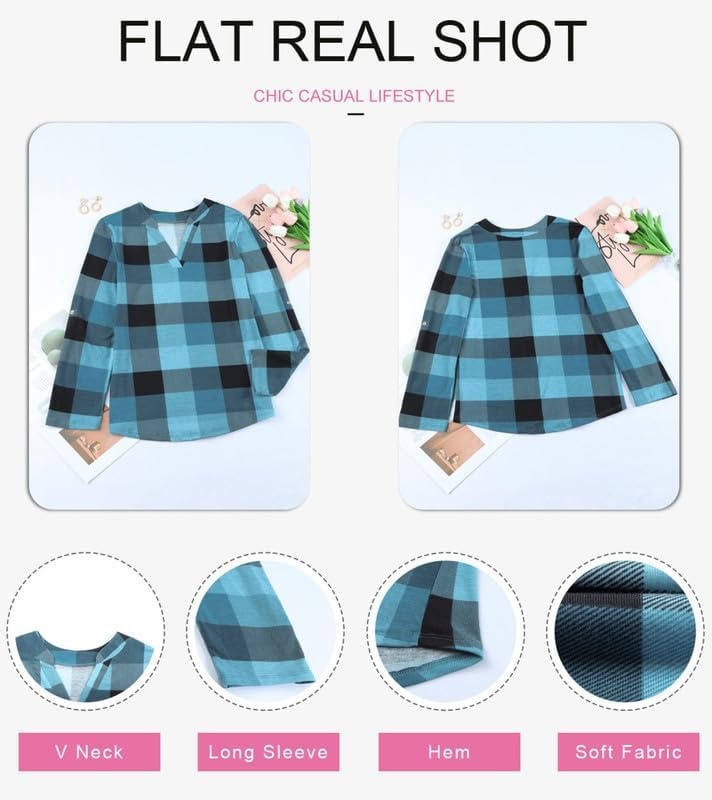 image:imageDokotoo Womens Tops Plaid Cotton Cuffed 34 Sleeve Shirts BlousesSky Blue 2