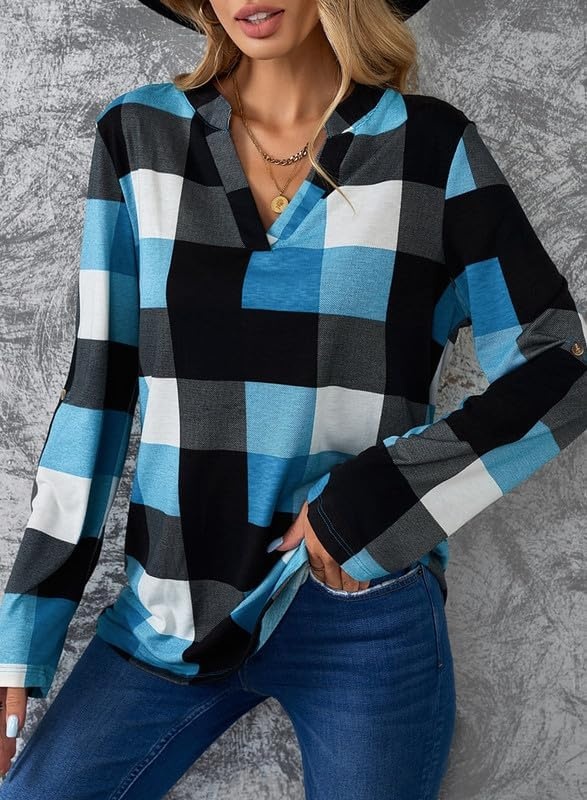 image:imageDokotoo Womens Tops Plaid Cotton Cuffed 34 Sleeve Shirts BlousesSky Blue
