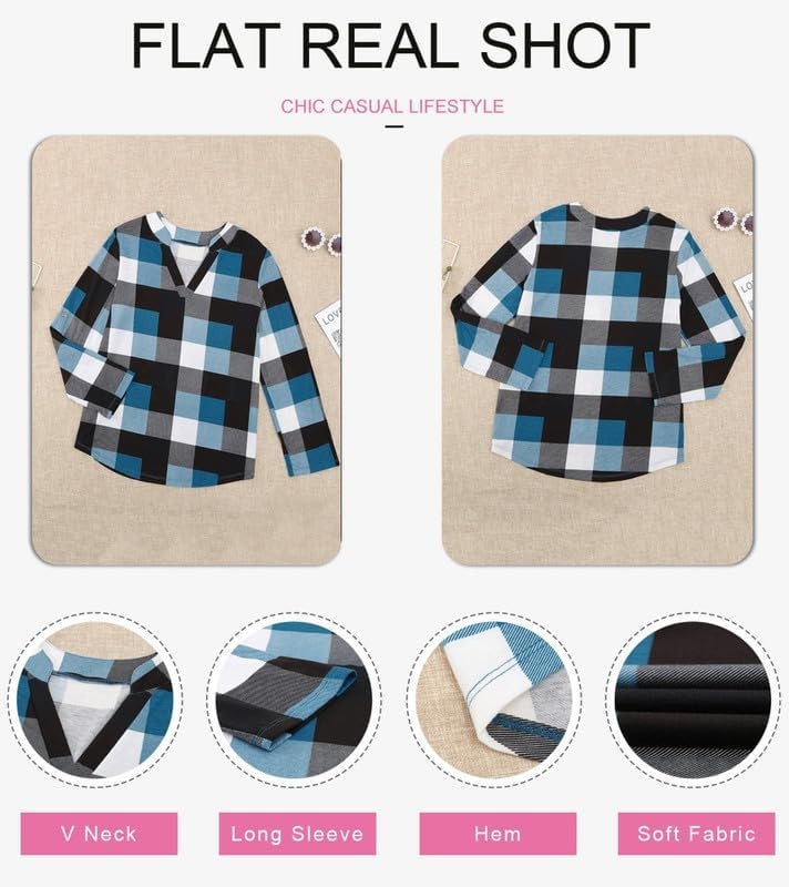 image:imageDokotoo Womens Tops Plaid Cotton Cuffed 34 Sleeve Shirts BlousesSky Blue