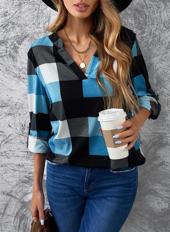 image:imageDokotoo Womens Tops Plaid Cotton Cuffed 34 Sleeve Shirts BlousesSky Blue