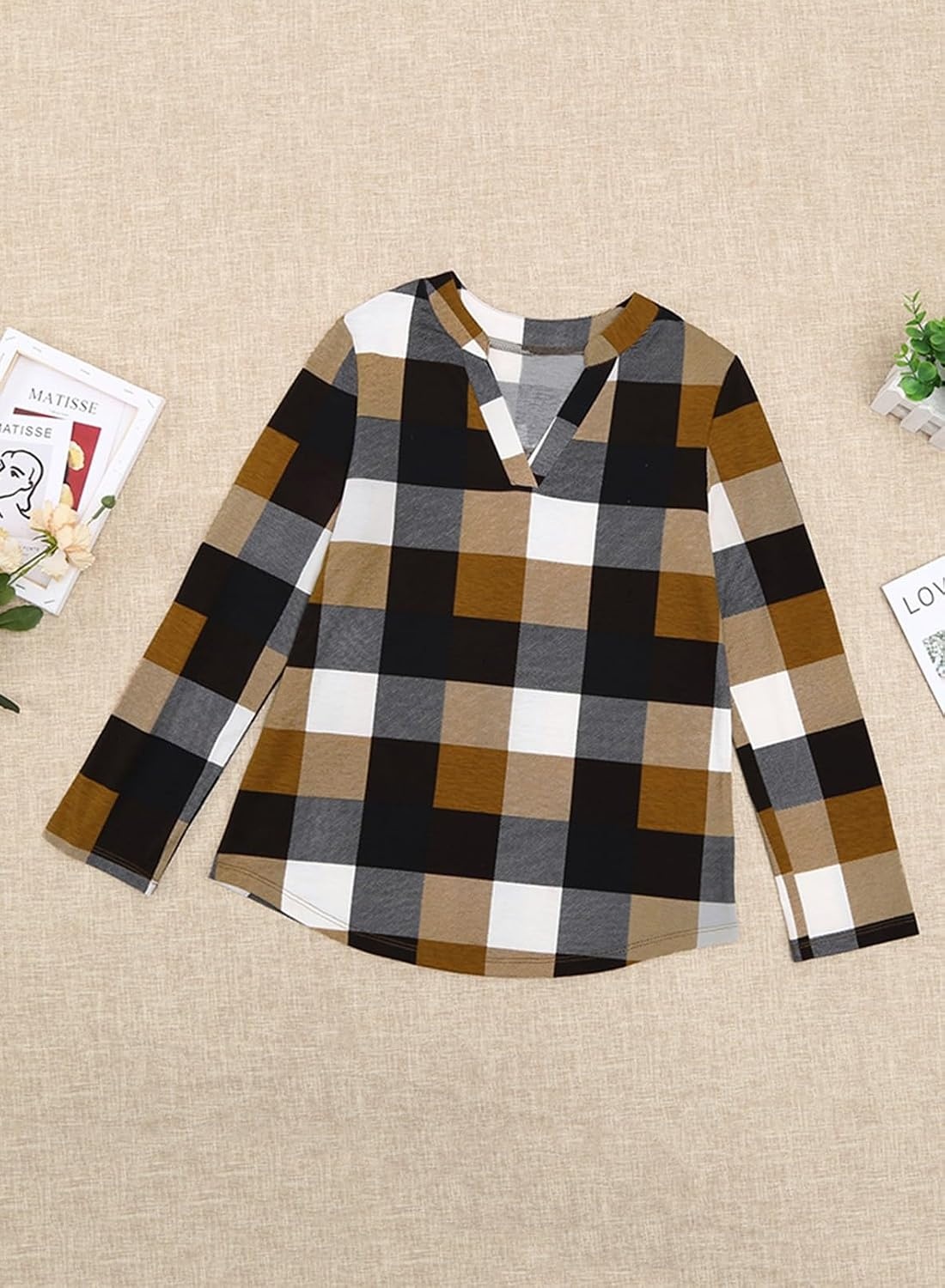 image:imageDokotoo Womens Tops Plaid Cotton Cuffed 34 Sleeve Shirts BlousesYellow
