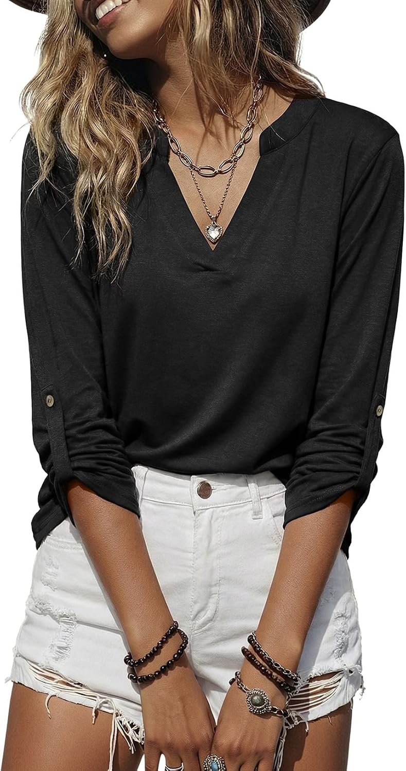 image:imageDokotoo Womens Tops Plaid Cotton Cuffed 34 Sleeve Shirts BlousesZz Black