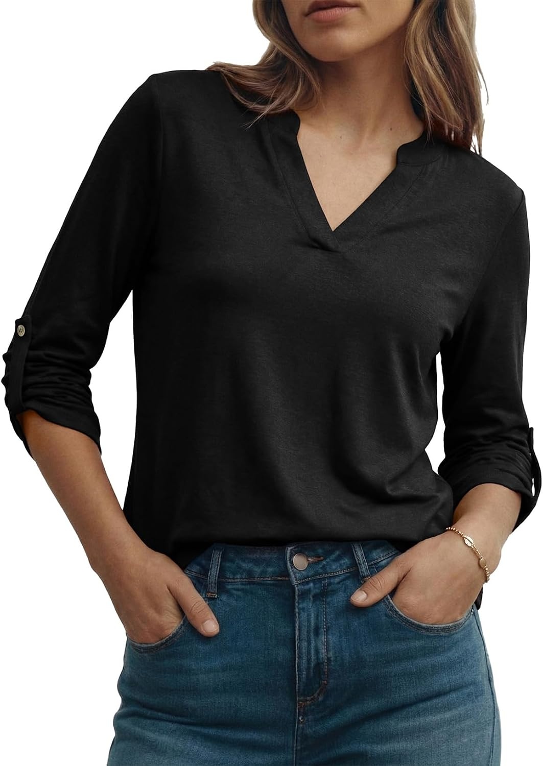 image:imageDokotoo Womens Tops Plaid Cotton Cuffed 34 Sleeve Shirts BlousesZz Black