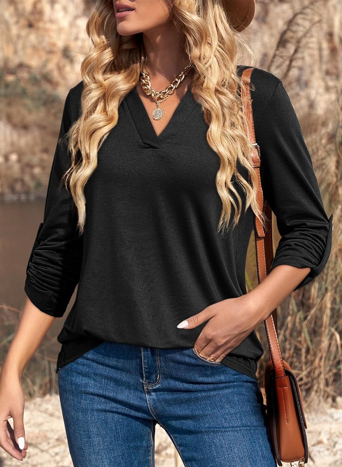 image:imageDokotoo Womens Tops Plaid Cotton Cuffed 34 Sleeve Shirts BlousesZz Black