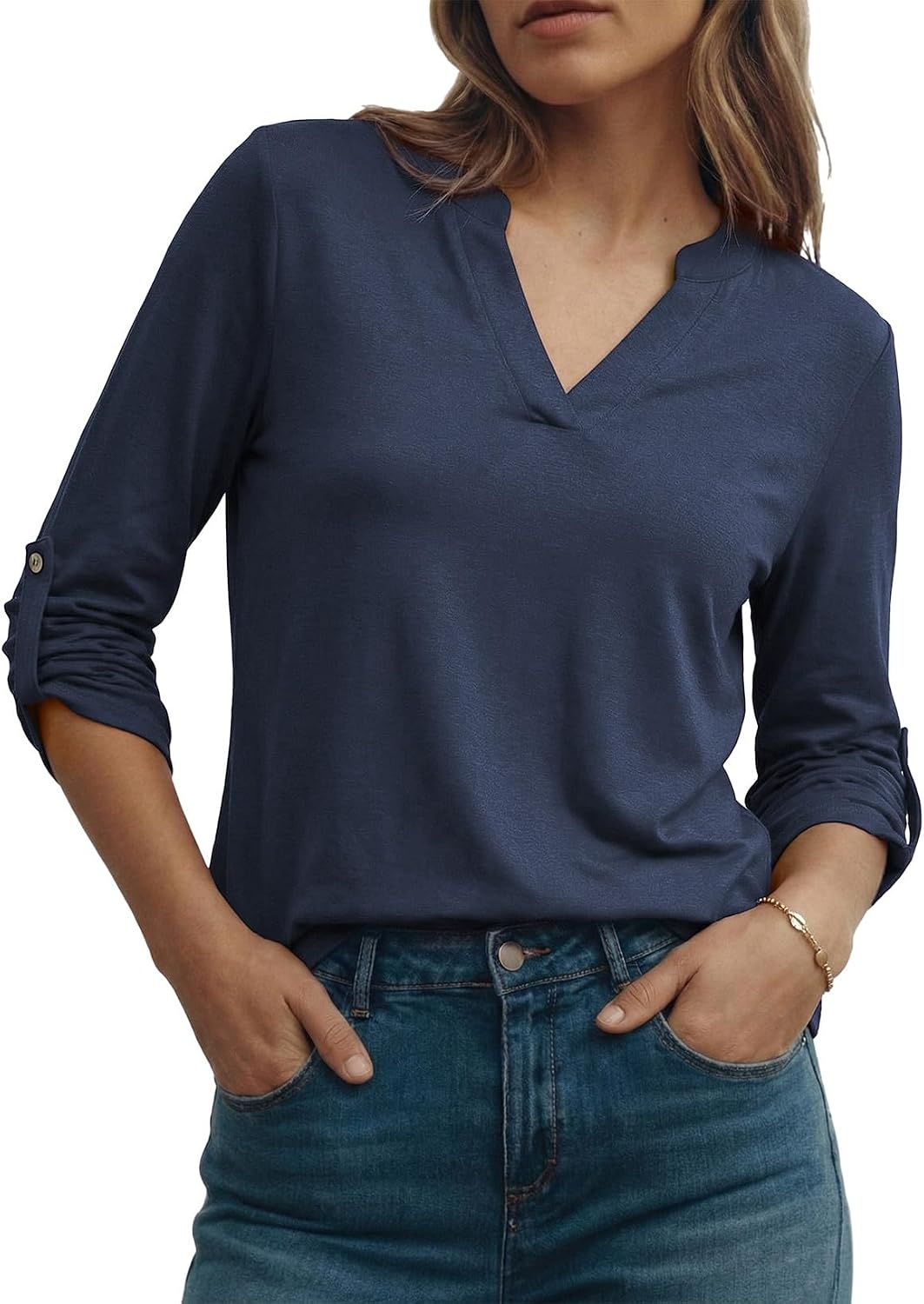 image:imageDokotoo Womens Tops Plaid Cotton Cuffed 34 Sleeve Shirts BlousesZz Blue
