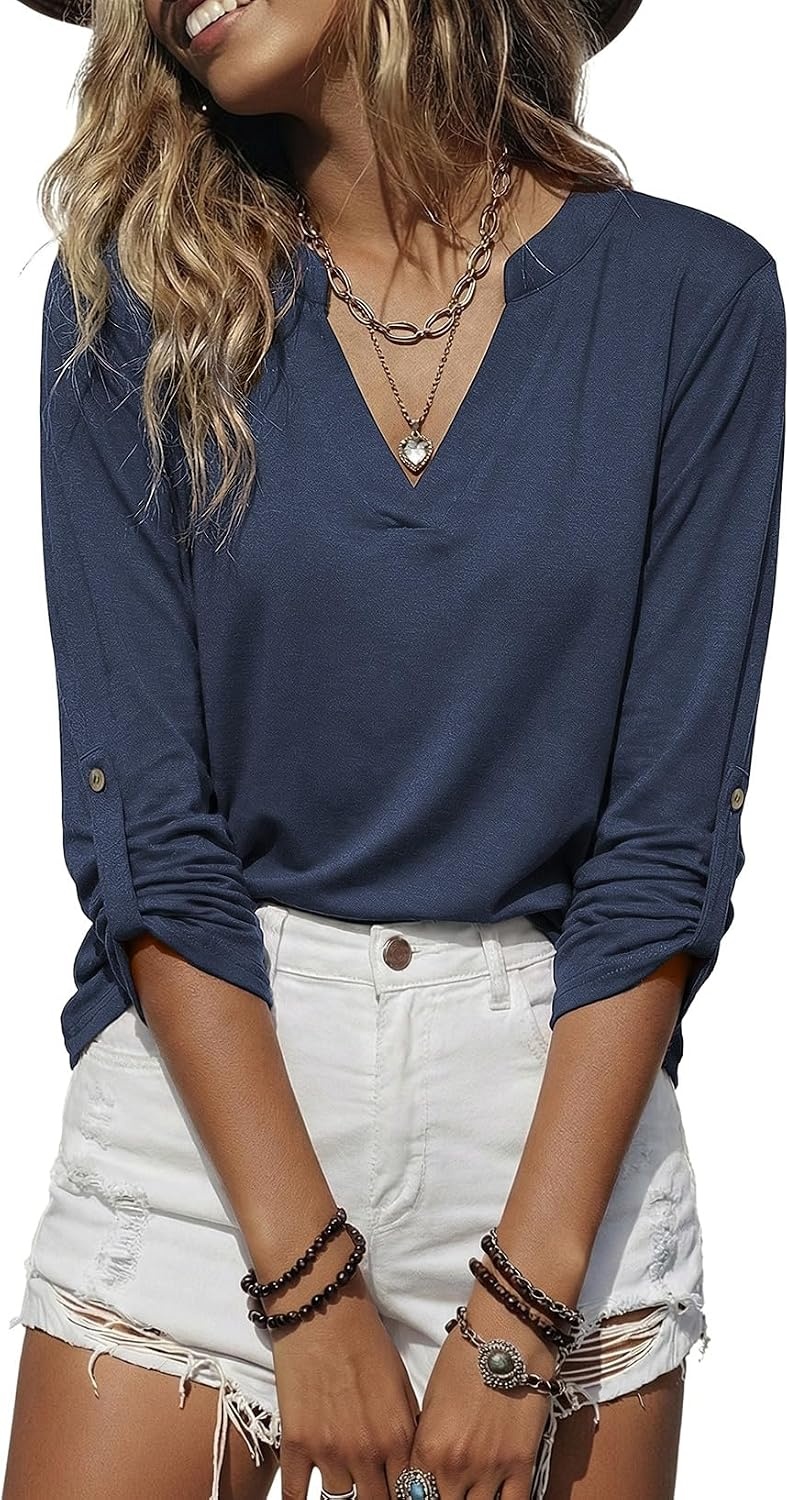 image:imageDokotoo Womens Tops Plaid Cotton Cuffed 34 Sleeve Shirts BlousesZz Blue