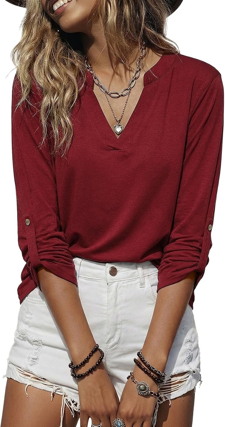 image:imageDokotoo Womens Tops Plaid Cotton Cuffed 34 Sleeve Shirts BlousesZz Red