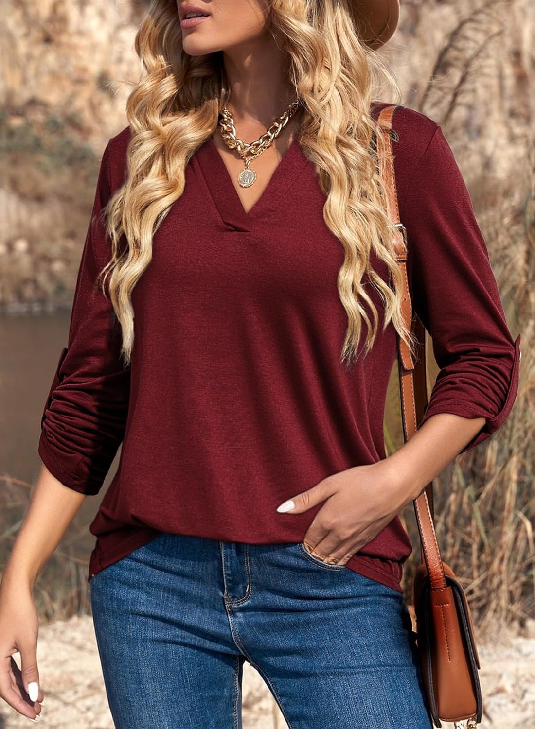 image:imageDokotoo Womens Tops Plaid Cotton Cuffed 34 Sleeve Shirts BlousesZz Red