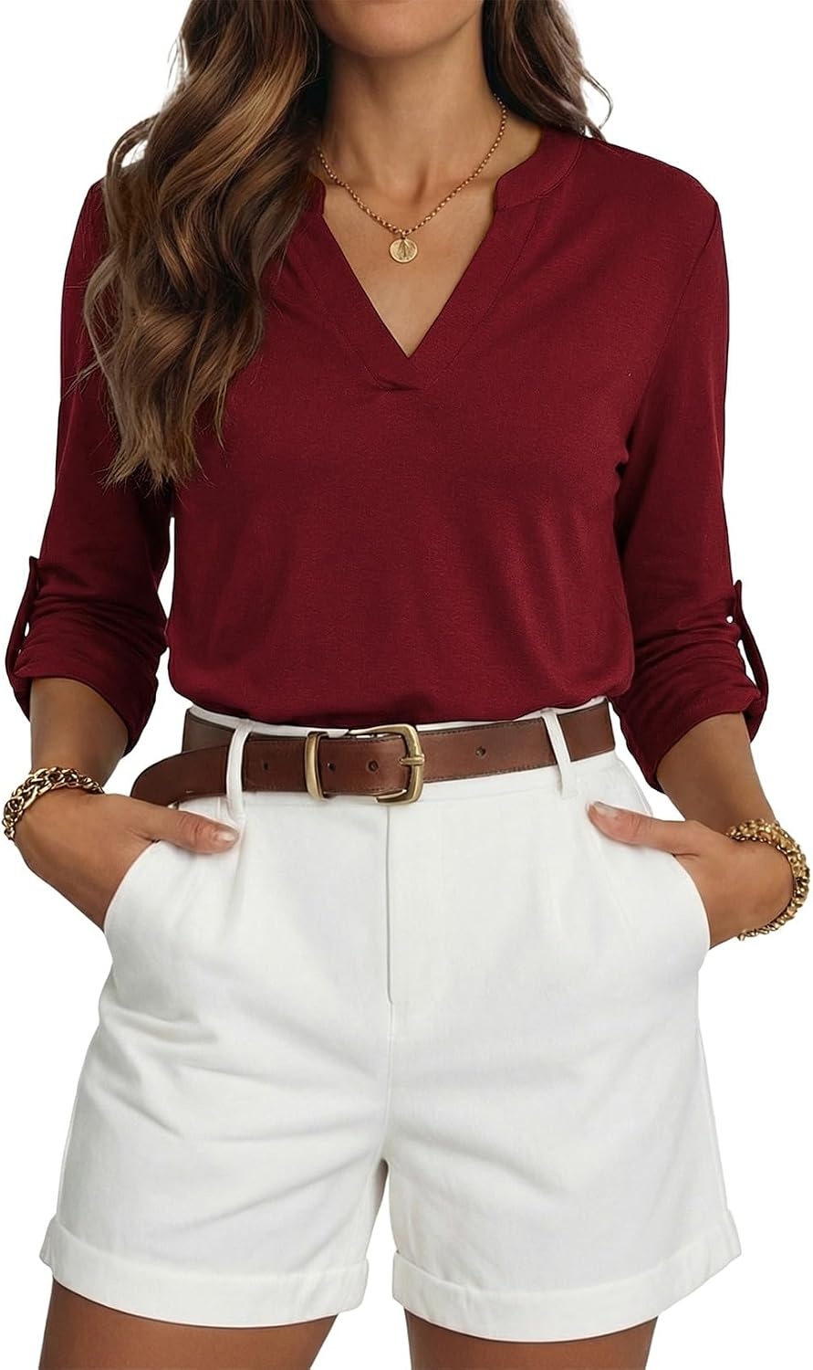 image:imageDokotoo Womens Tops Plaid Cotton Cuffed 34 Sleeve Shirts BlousesZz Red
