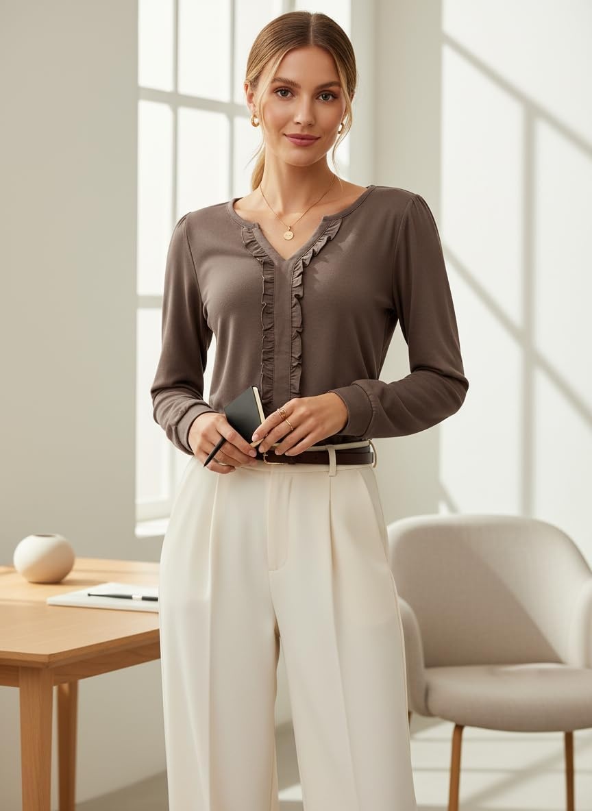 image:imageDokotoo Womens V Neck Ruffle Blouses Long Sleeve Casual Work Tops Loose Fit Pullover ShirtsDark Brown