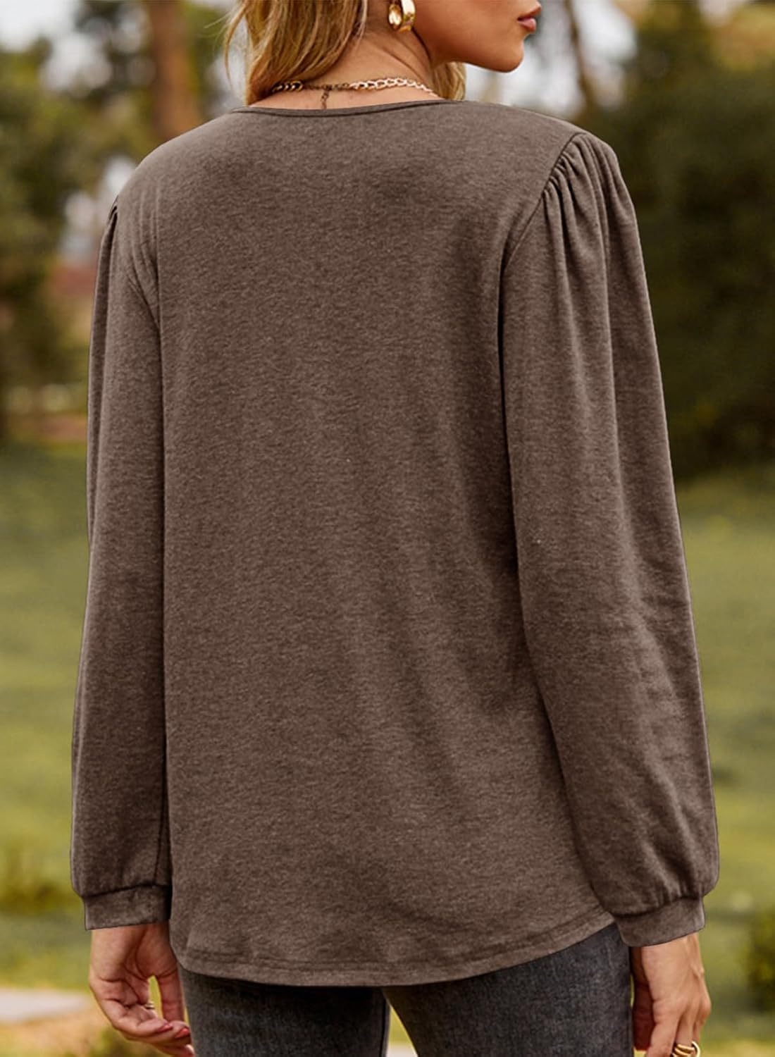 image:imageDokotoo Womens V Neck Ruffle Blouses Long Sleeve Casual Work Tops Loose Fit Pullover ShirtsDark Brown