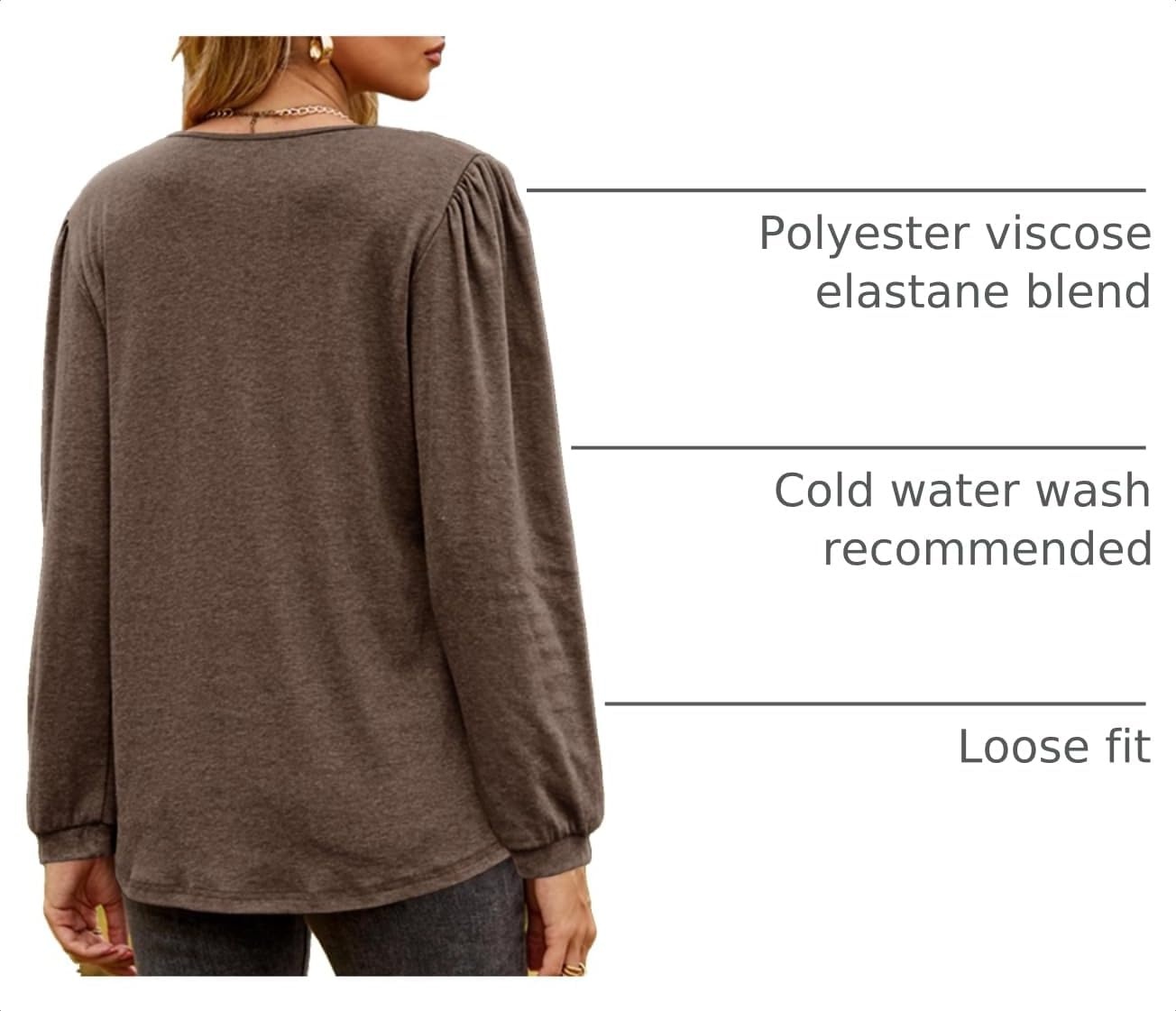 image:imageDokotoo Womens V Neck Ruffle Blouses Long Sleeve Casual Work Tops Loose Fit Pullover ShirtsDark Brown